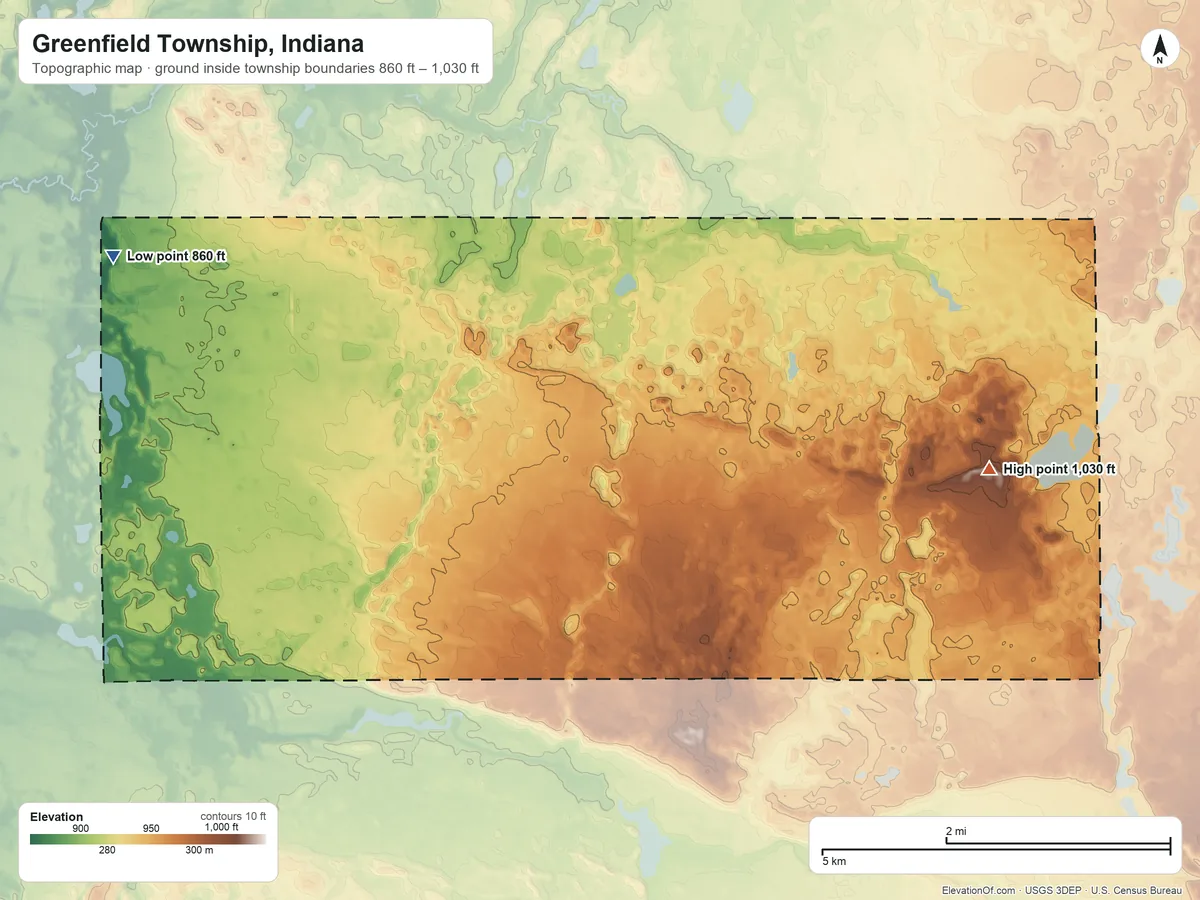 Topographic elevation map of Greenfield Township, Indiana, shaded from 860 ft on the west side to 1,030 ft on the east side
