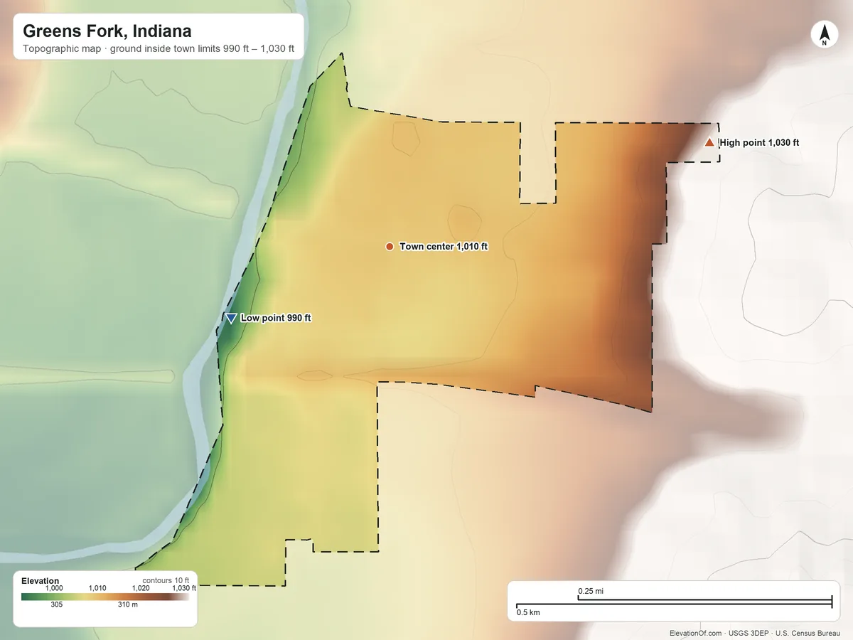 Topographic elevation map of Greens Fork, Indiana, shaded from 990 ft on the southwest side to 1,030 ft on the east side