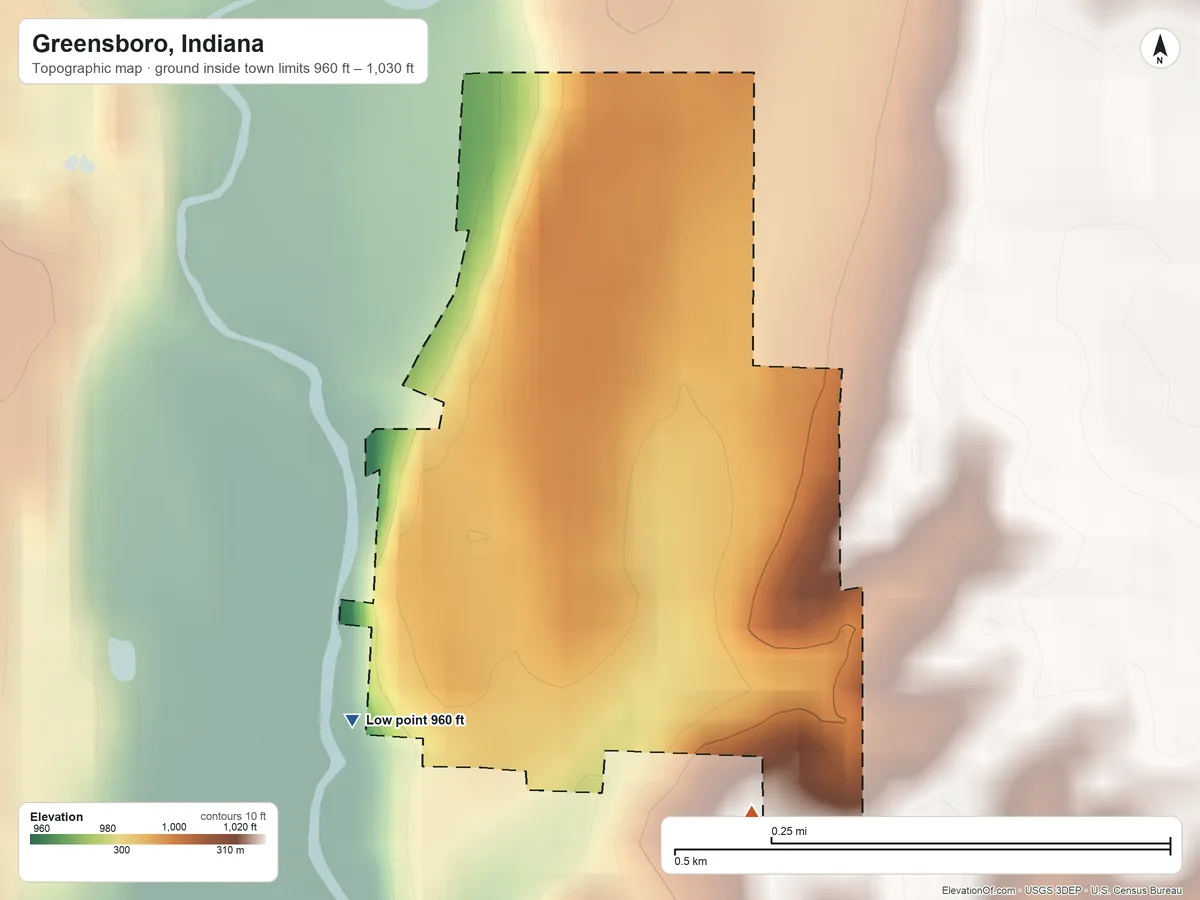 Topographic elevation map of Greensboro, Indiana, shaded from 960 ft on the southwest side to 1,030 ft on the southeast side