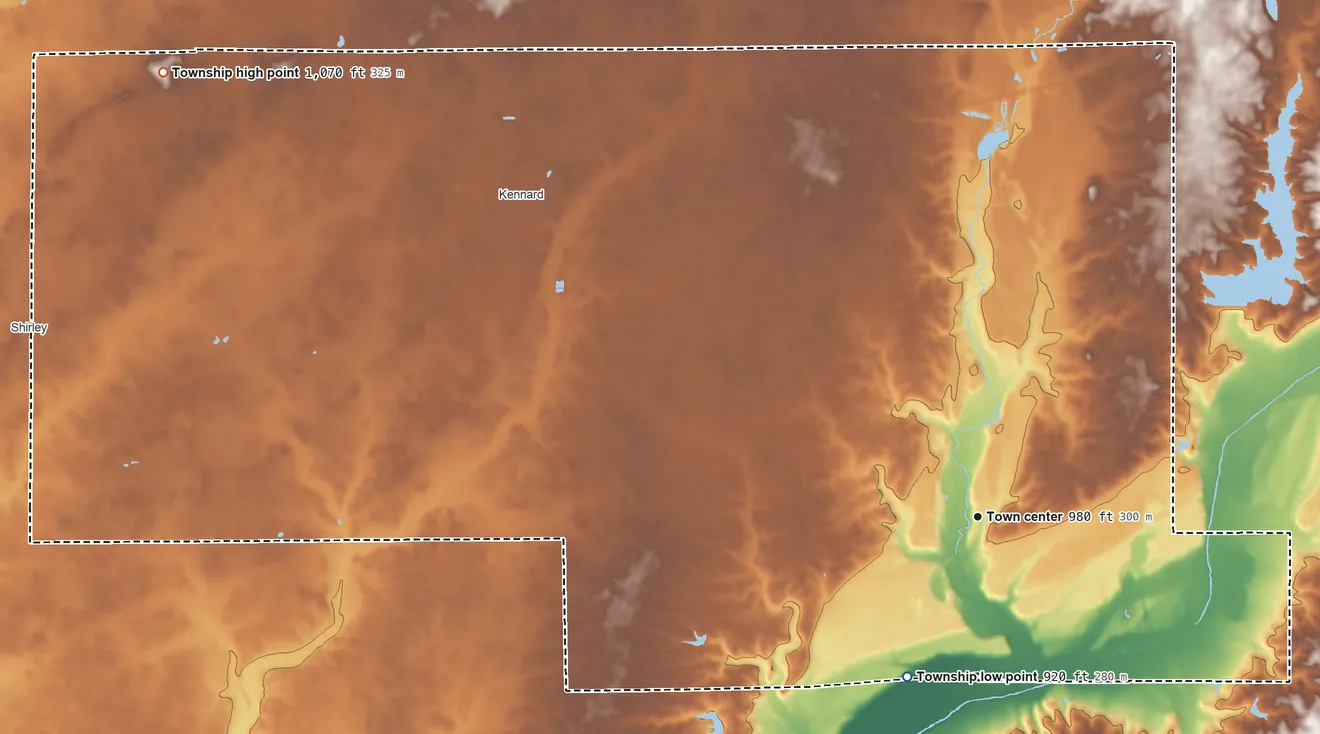 Topographic elevation map of Greensboro Township, Indiana, shaded from 920 ft on the southwest side to 1,070 ft on the northwest side