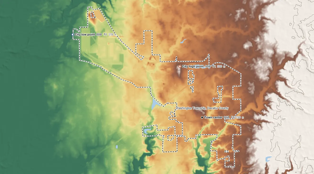 Topographic elevation map of Greensburg, Indiana, shaded from 880 ft on the northwest side to 980 ft on the northwest side