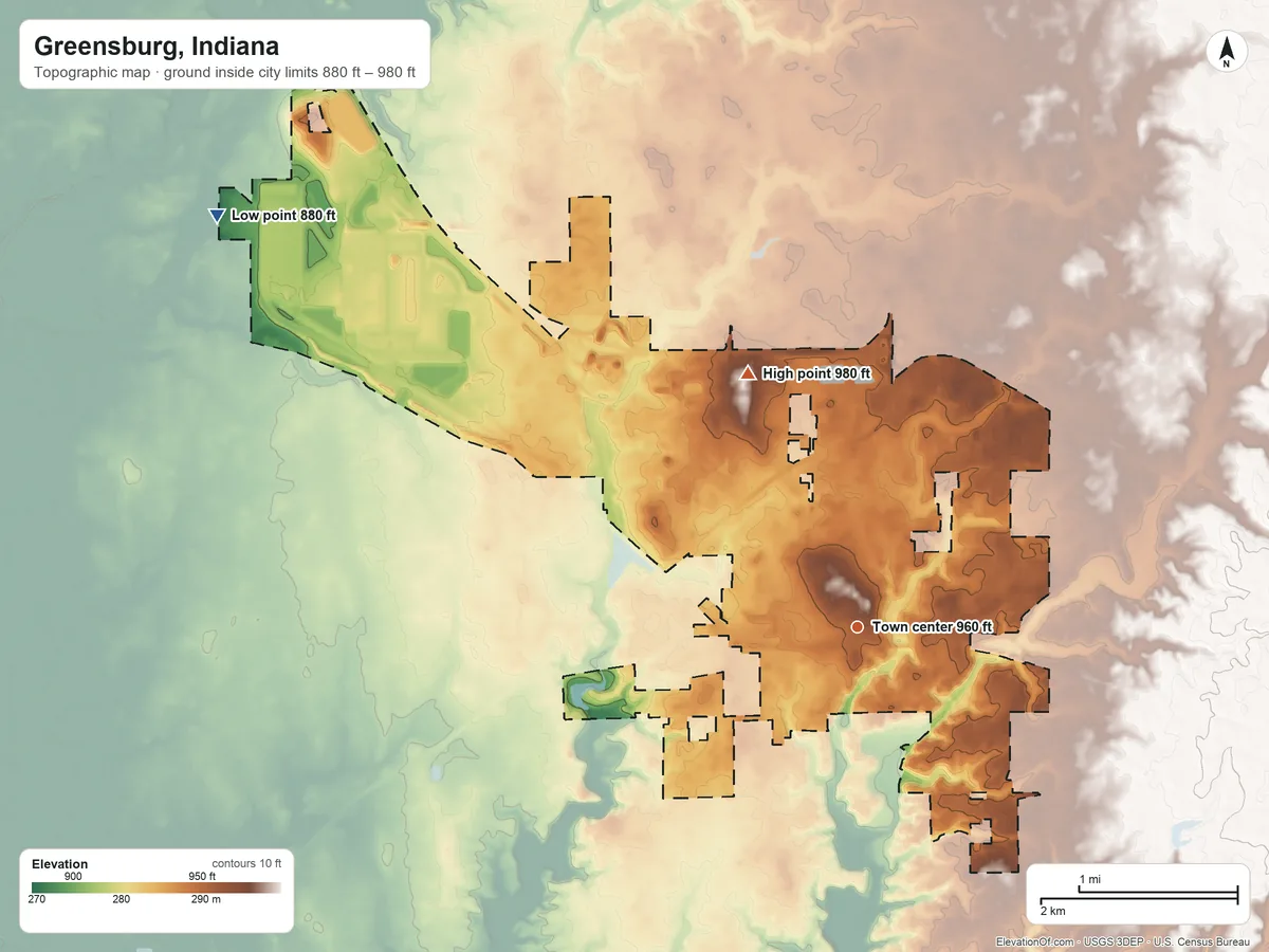 Topographic elevation map of Greensburg, Indiana, shaded from 880 ft on the northwest side to 980 ft on the northwest side