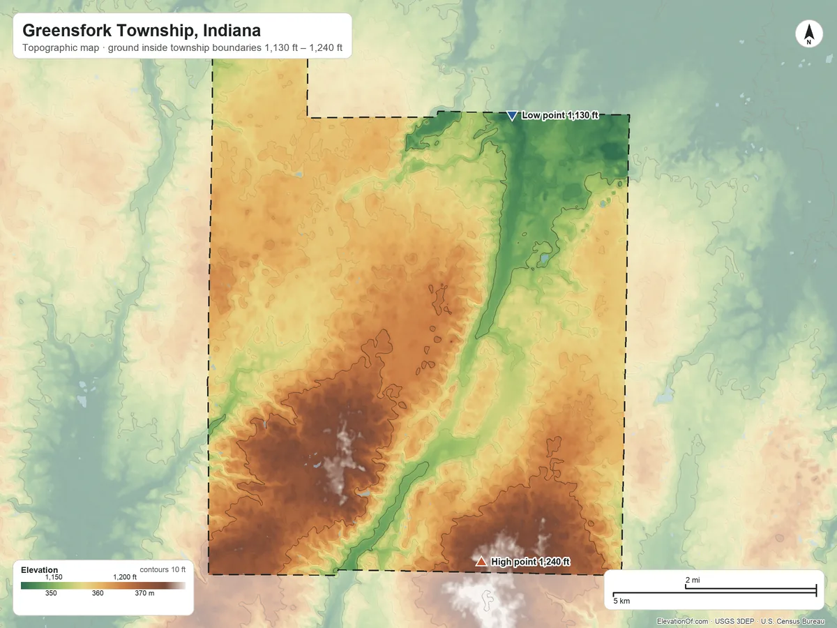 Topographic elevation map of Greensfork Township, Indiana, shaded from 1,130 ft on the north side to 1,240 ft on the south side
