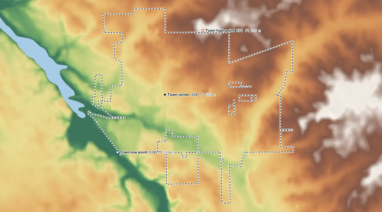 Topographic elevation map of Greentown, Indiana, shaded from 820 ft on the southwest side to 870 ft on the northeast side