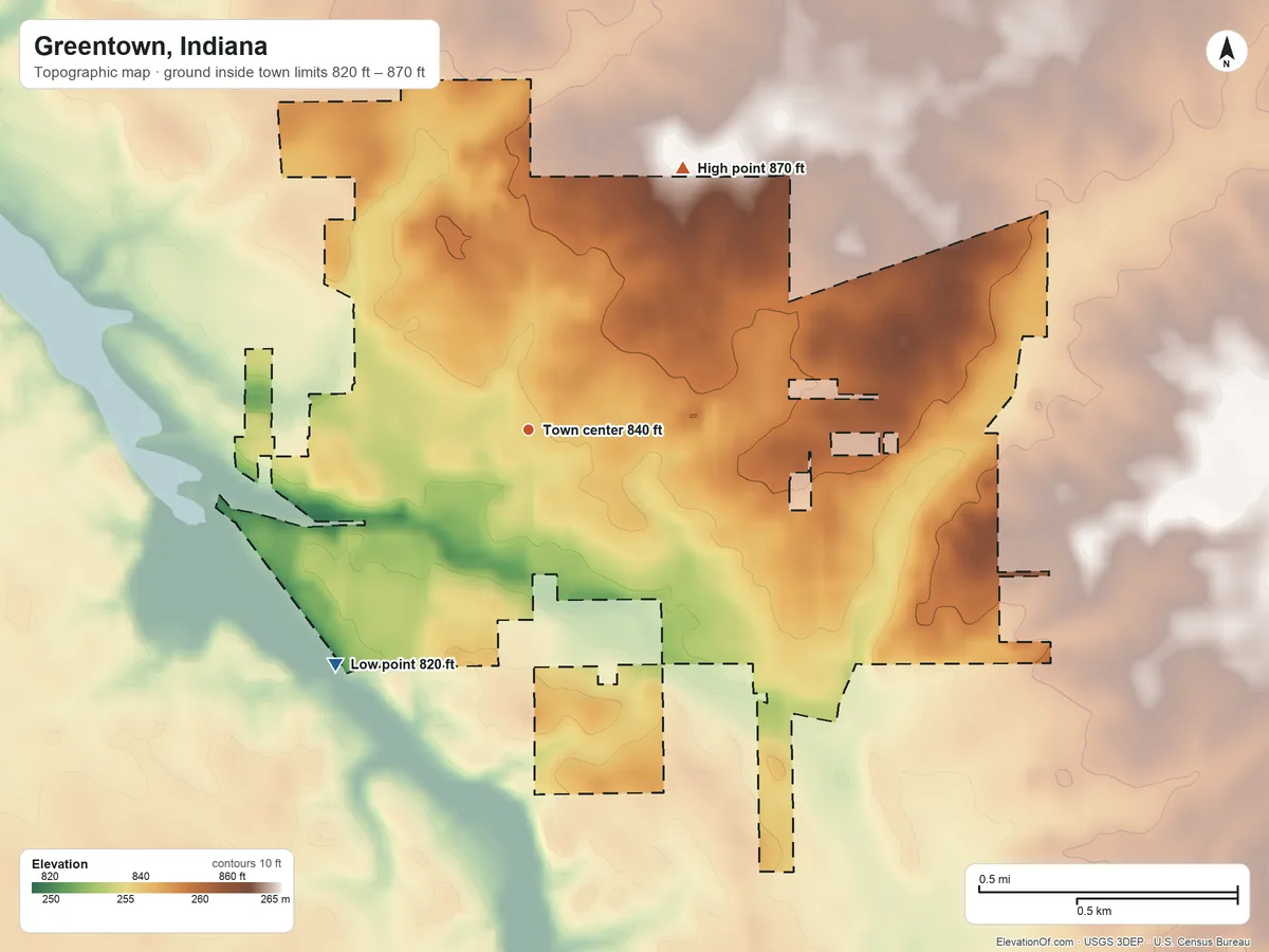 Topographic elevation map of Greentown, Indiana, shaded from 820 ft on the southwest side to 870 ft on the northeast side