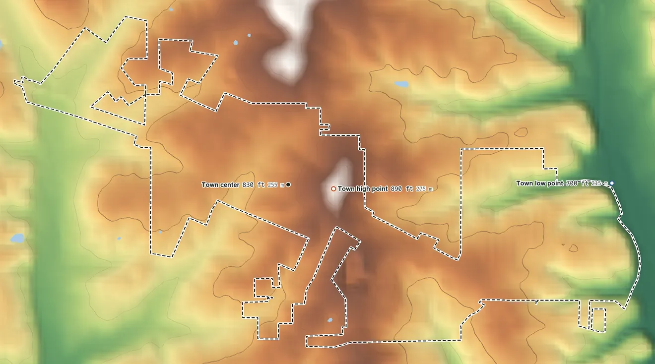 Topographic elevation map of Greenville, Indiana, shaded from 700 ft on the east side to 890 ft near the middle