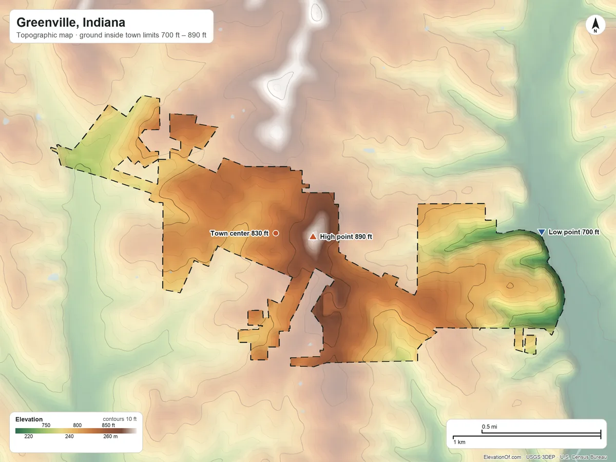 Topographic elevation map of Greenville, Indiana, shaded from 700 ft on the east side to 890 ft near the middle