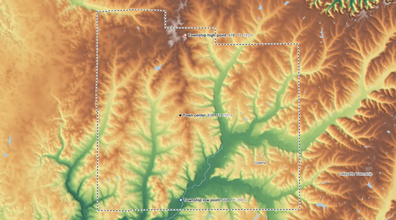 Topographic elevation map of Greenville Township, Indiana, shaded from 660 ft on the south side to 970 ft on the north side