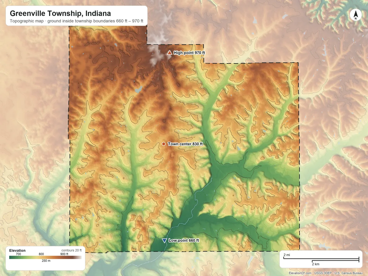 Topographic elevation map of Greenville Township, Indiana, shaded from 660 ft on the south side to 970 ft on the north side