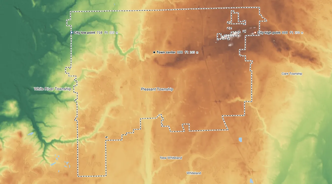 Topographic elevation map of Greenwood, Indiana, shaded from 710 ft on the west side to 880 ft on the east side