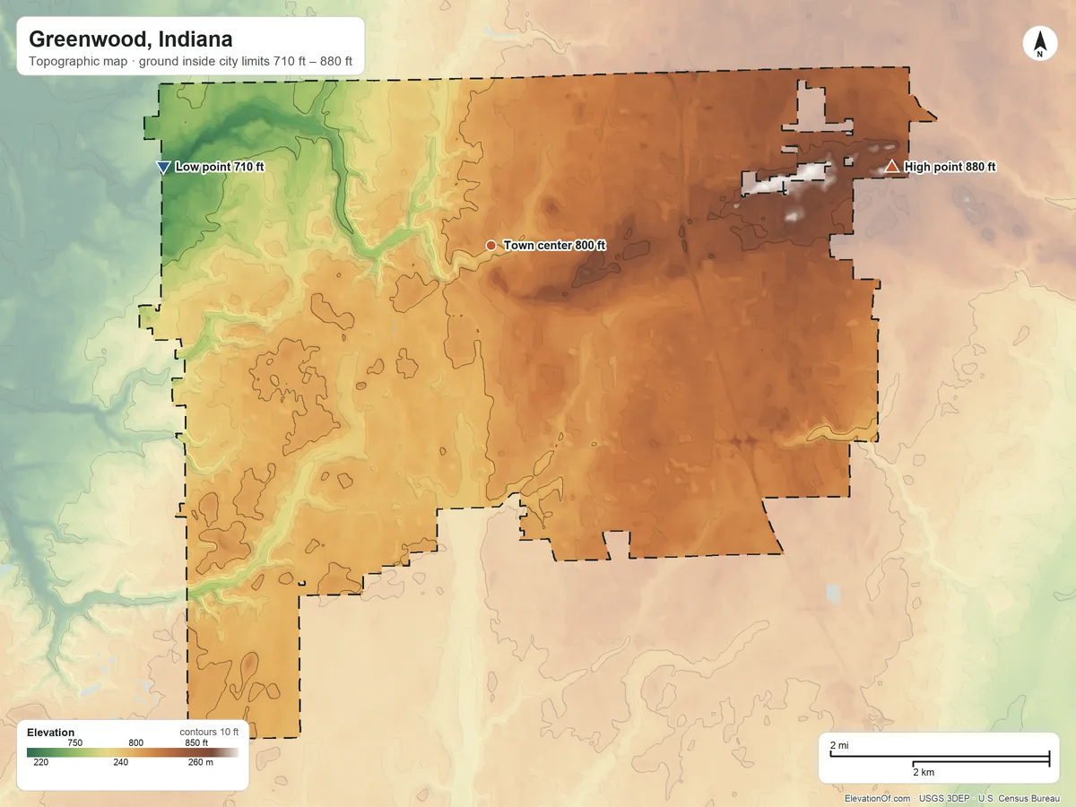Topographic elevation map of Greenwood, Indiana, shaded from 710 ft on the west side to 880 ft on the east side