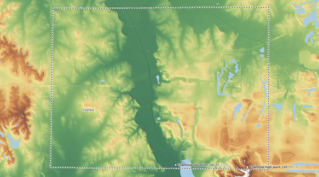 Topographic elevation map of Greer Township, Indiana, shaded from 380 ft on the southeast side to 600 ft on the southeast side