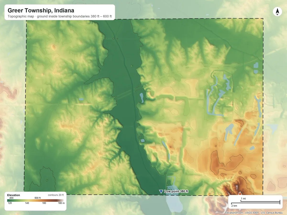 Topographic elevation map of Greer Township, Indiana, shaded from 380 ft on the southeast side to 600 ft on the southeast side
