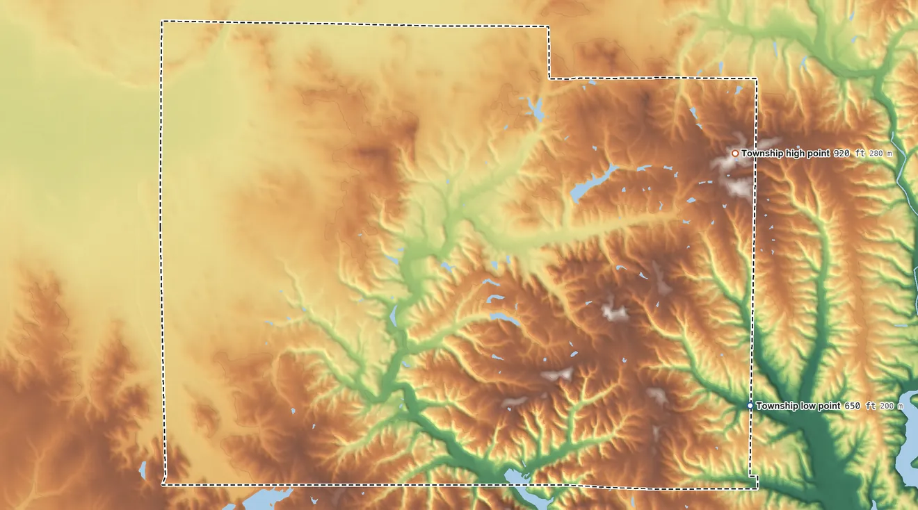 Topographic elevation map of Gregg Township, Indiana, shaded from 650 ft on the southeast side to 920 ft on the northeast side