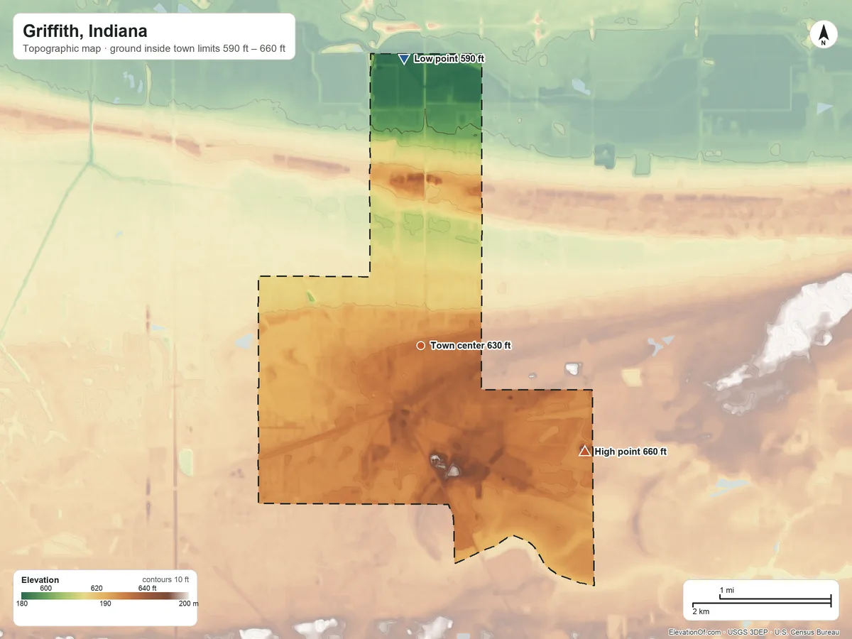 Topographic elevation map of Griffith, Indiana, shaded from 590 ft on the north side to 660 ft on the southeast side
