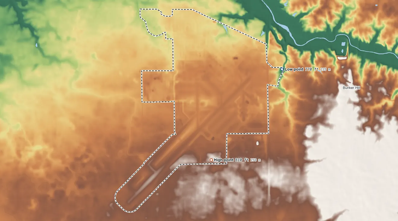 Topographic elevation map of Grissom AFB, Indiana, shaded from 770 ft on the southeast side to 810 ft on the south side