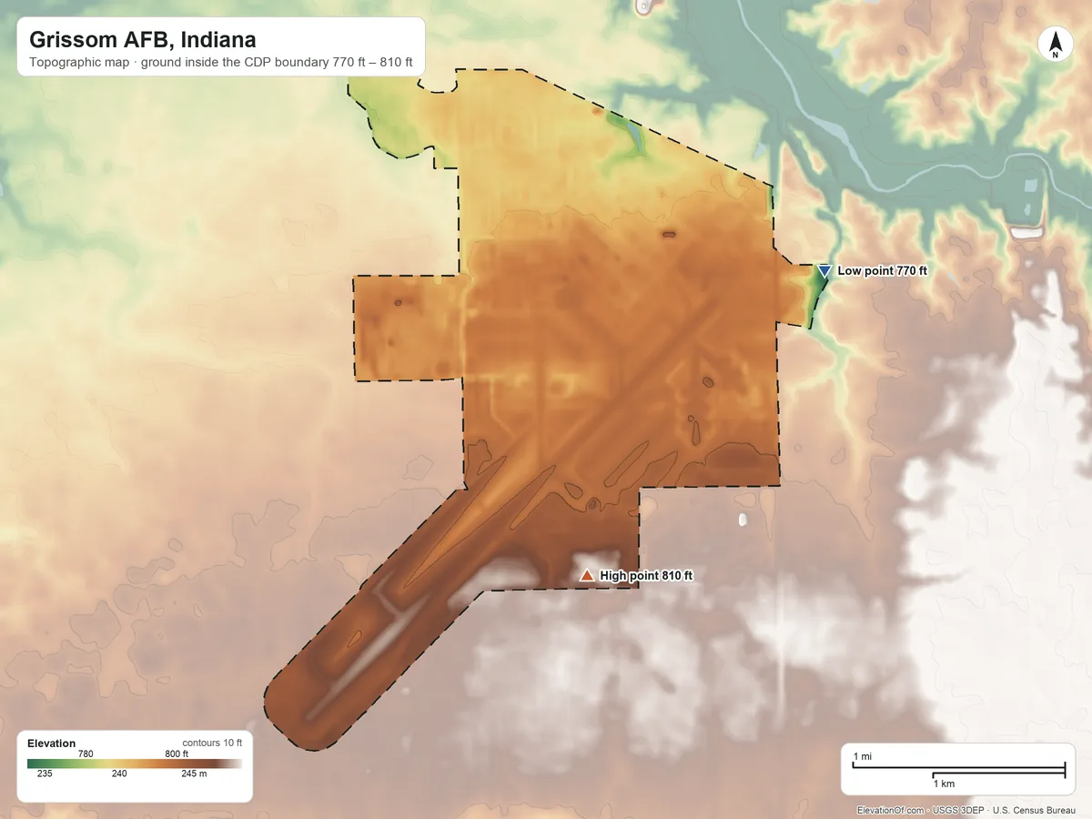 Topographic elevation map of Grissom AFB, Indiana, shaded from 770 ft on the southeast side to 810 ft on the south side
