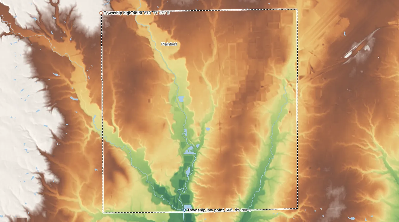 Topographic elevation map of Guilford Township, Indiana, shaded from 660 ft on the south side to 810 ft on the northwest side