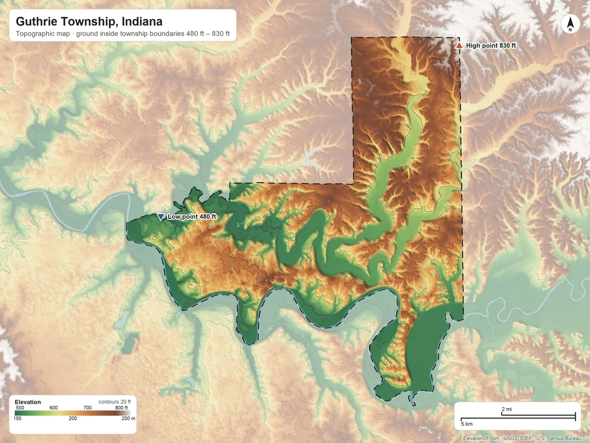 Topographic elevation map of Guthrie Township, Indiana, shaded from 480 ft on the west side to 830 ft on the northeast side
