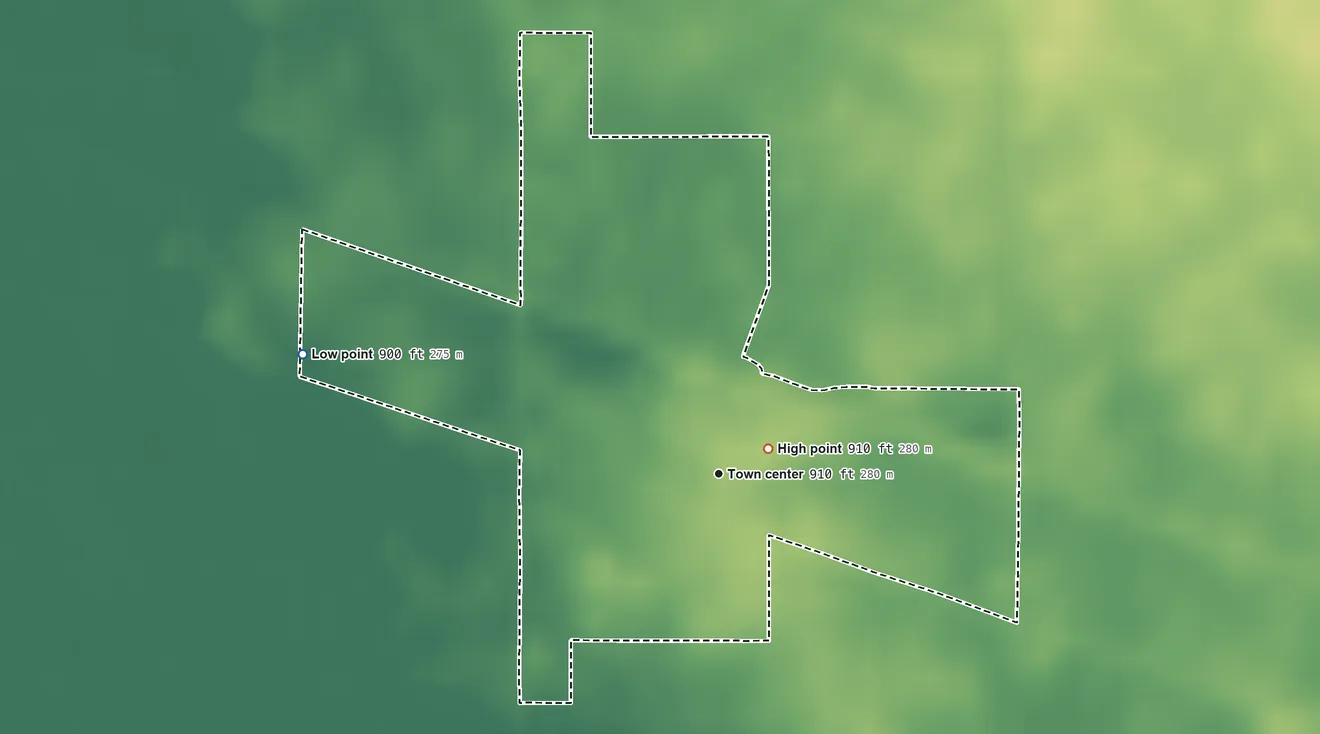 Topographic elevation map of Gwynneville, Indiana, shaded from 900 ft on the west side to 910 ft near the middle