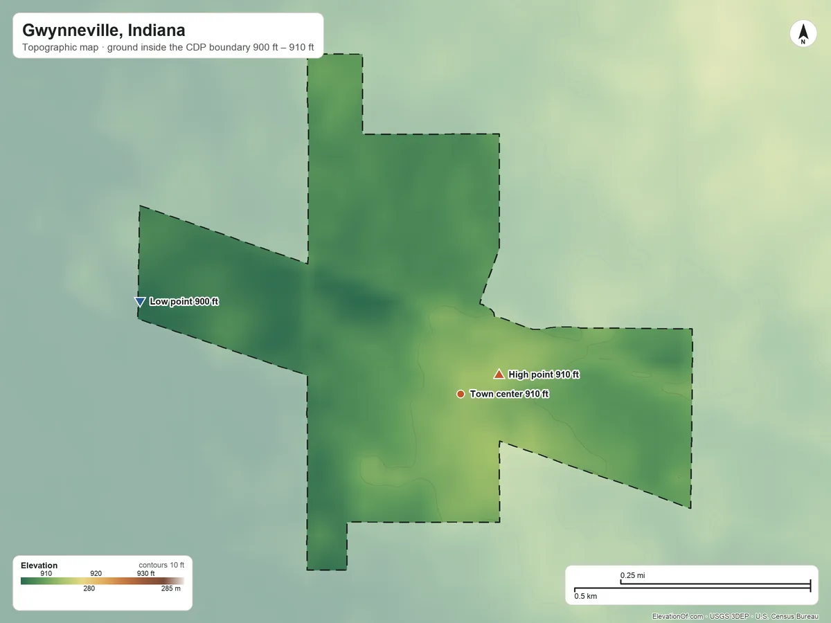 Topographic elevation map of Gwynneville, Indiana, shaded from 900 ft on the west side to 910 ft near the middle