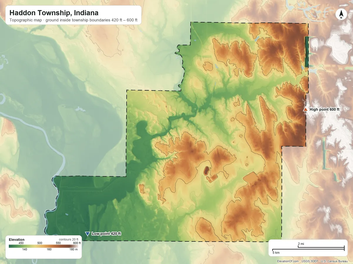 Topographic elevation map of Haddon Township, Indiana, shaded from 420 ft on the southwest side to 600 ft on the east side