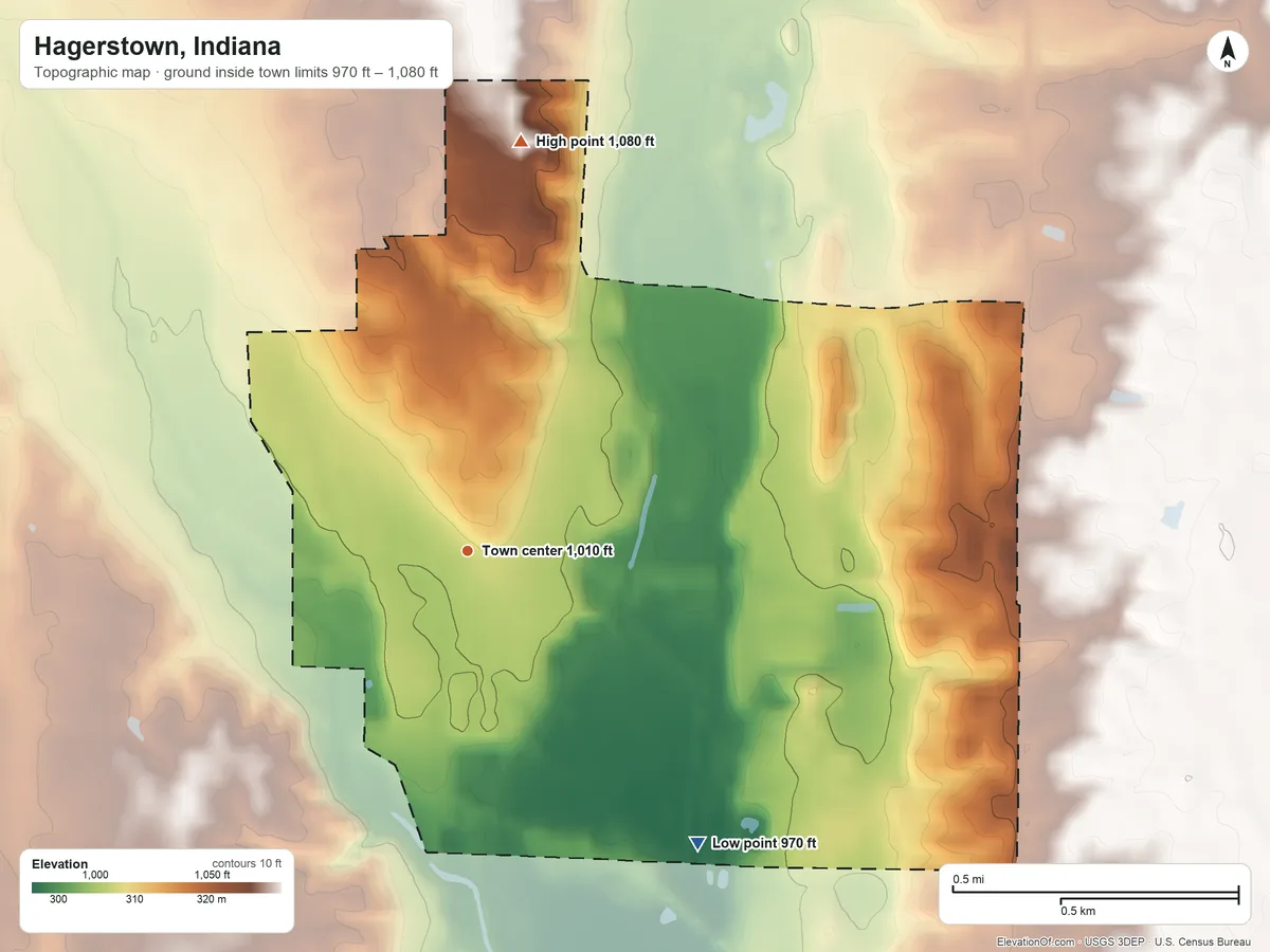 Topographic elevation map of Hagerstown, Indiana, shaded from 970 ft on the southeast side to 1,080 ft on the north side
