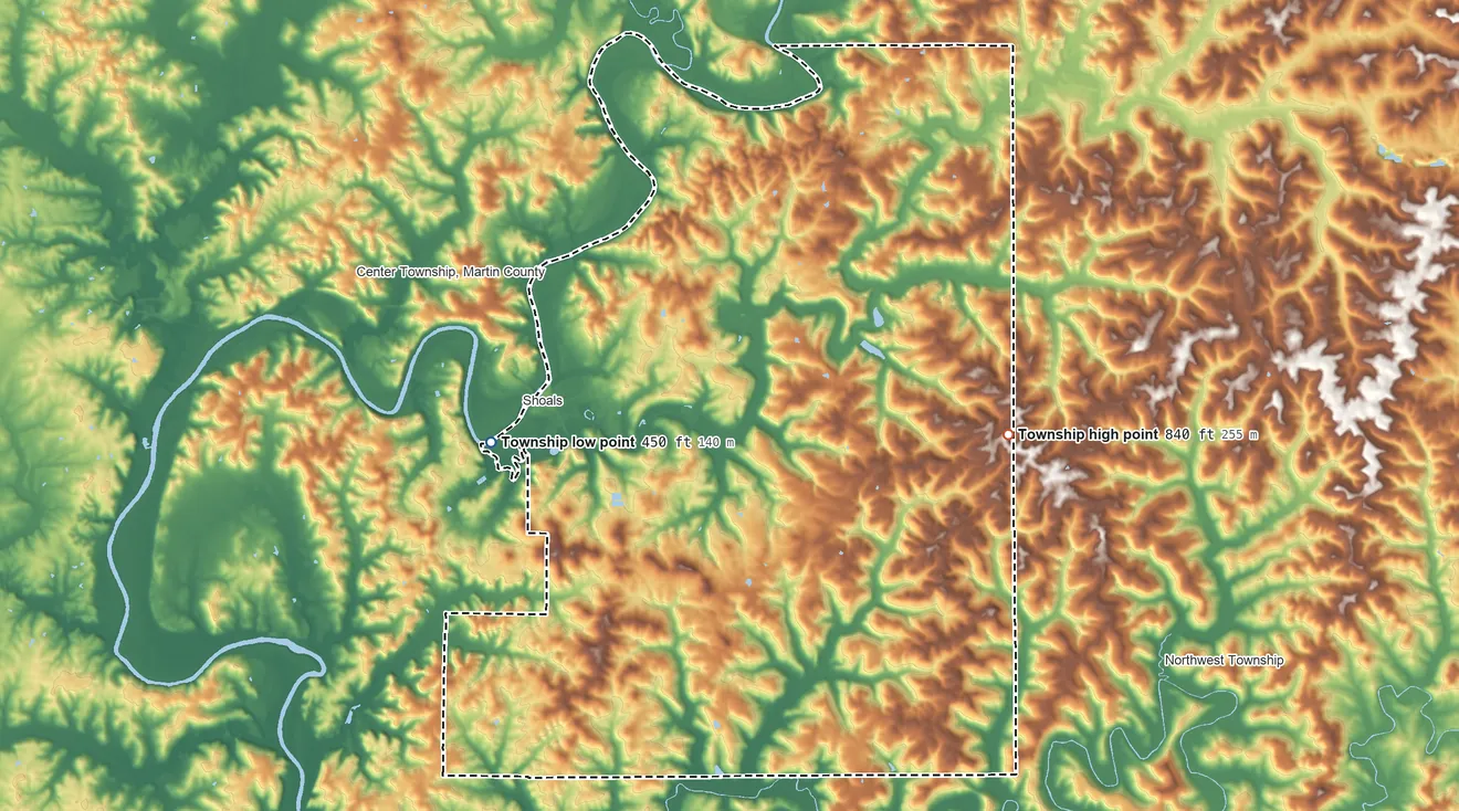 Topographic elevation map of Halbert Township, Indiana, shaded from 450 ft on the west side to 840 ft on the east side