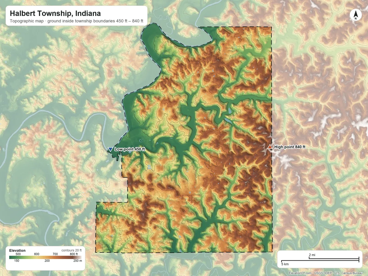 Topographic elevation map of Halbert Township, Indiana, shaded from 450 ft on the west side to 840 ft on the east side