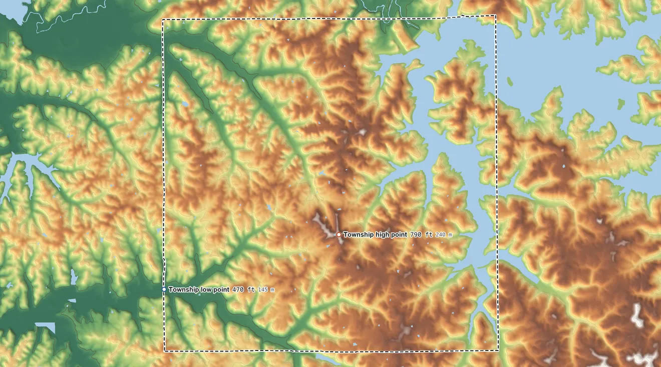Topographic elevation map of Hall Township, Indiana, shaded from 470 ft on the southwest side to 790 ft near the middle