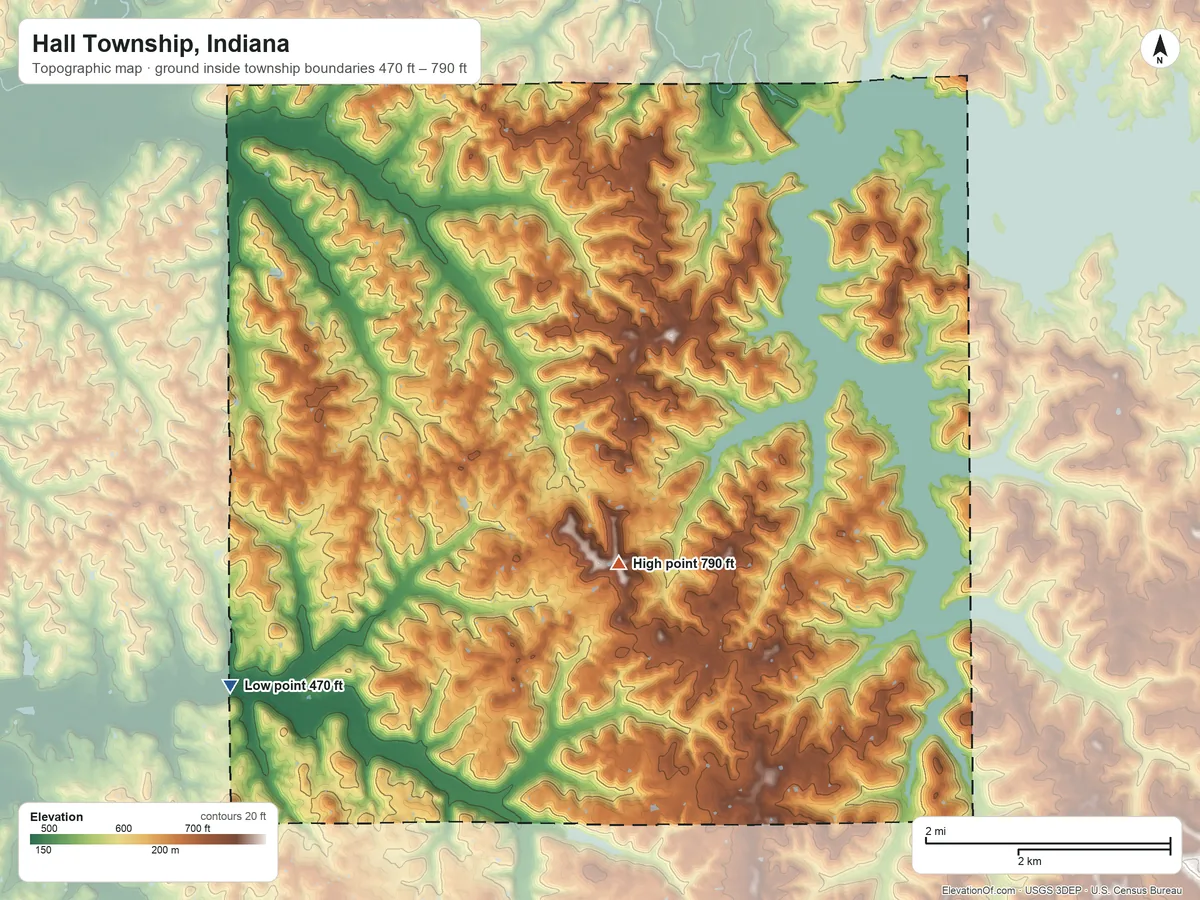 Topographic elevation map of Hall Township, Indiana, shaded from 470 ft on the southwest side to 790 ft near the middle