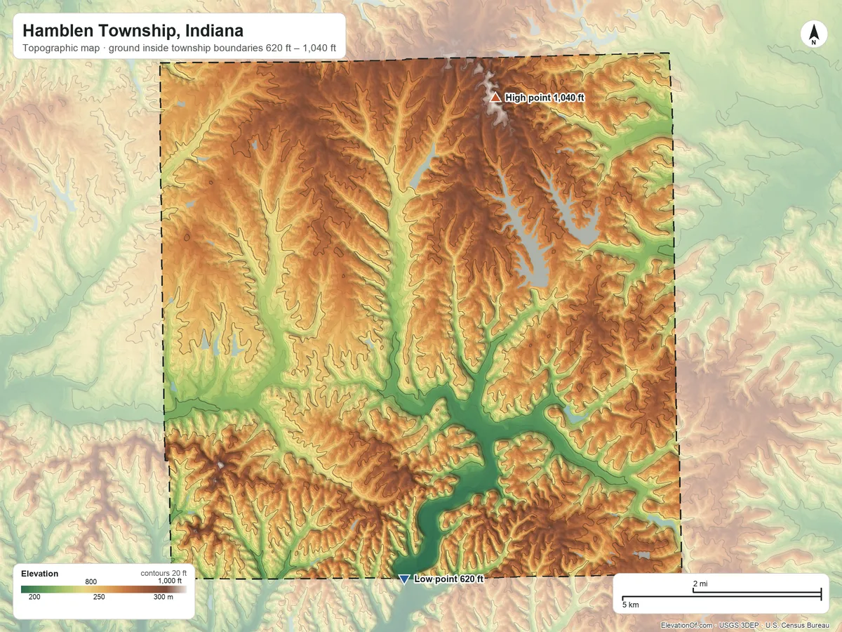 Topographic elevation map of Hamblen Township, Indiana, shaded from 620 ft on the south side to 1,040 ft on the northeast side
