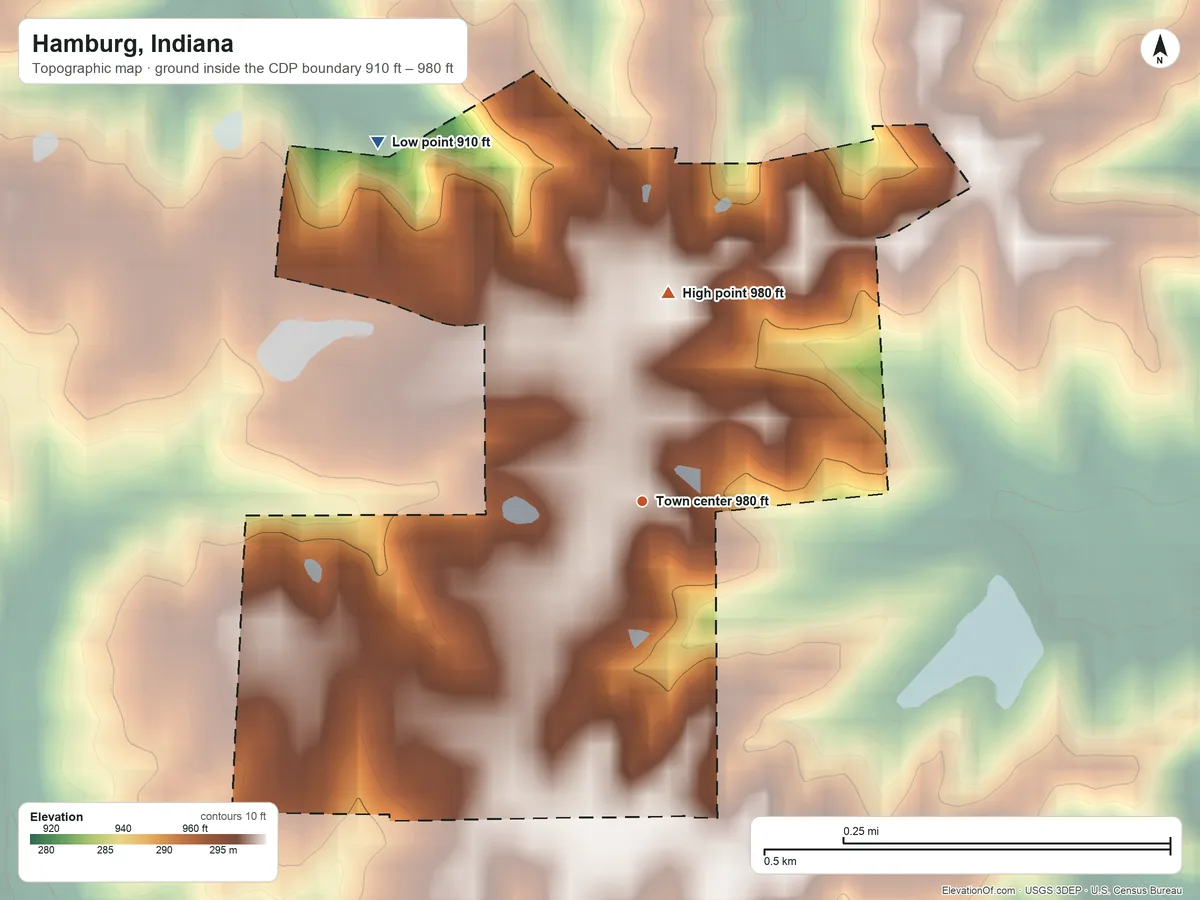 Topographic elevation map of Hamburg, Indiana, shaded from 910 ft on the northwest side to 980 ft on the north side