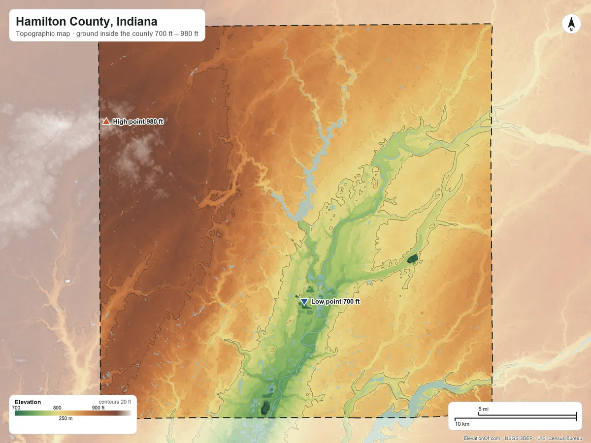 Topographic elevation map of Hamilton County, Indiana, shaded from 700 ft on the south side to 980 ft on the northwest side