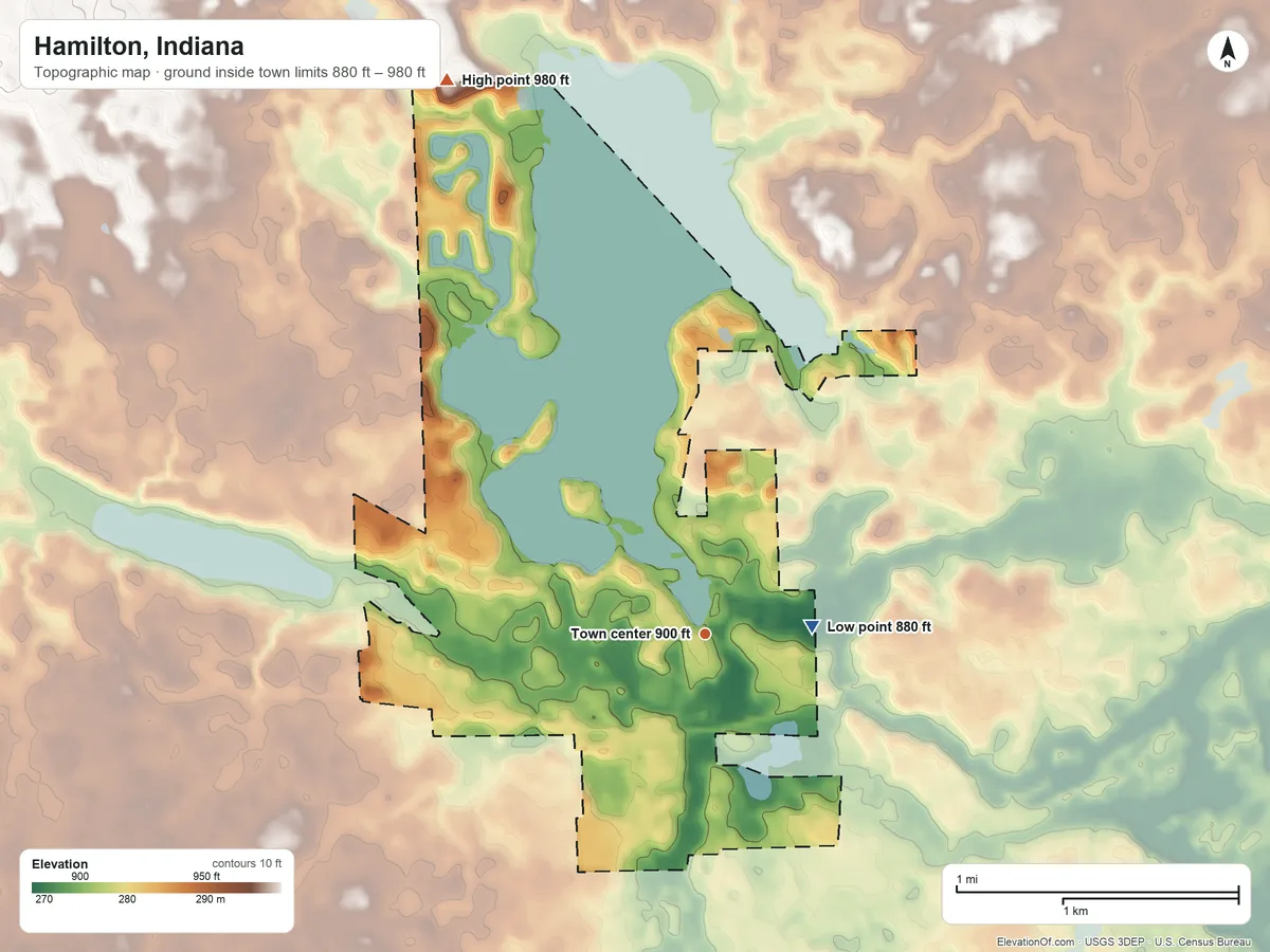 Topographic elevation map of Hamilton, Indiana, shaded from 880 ft on the east side to 980 ft on the northwest side