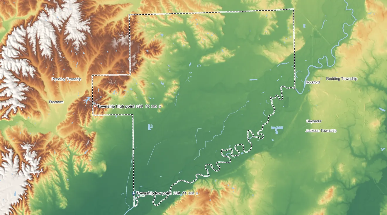 Topographic elevation map of Hamilton Township, Jackson County, Indiana, shaded from 530 ft on the southwest side to 800 ft on the west side