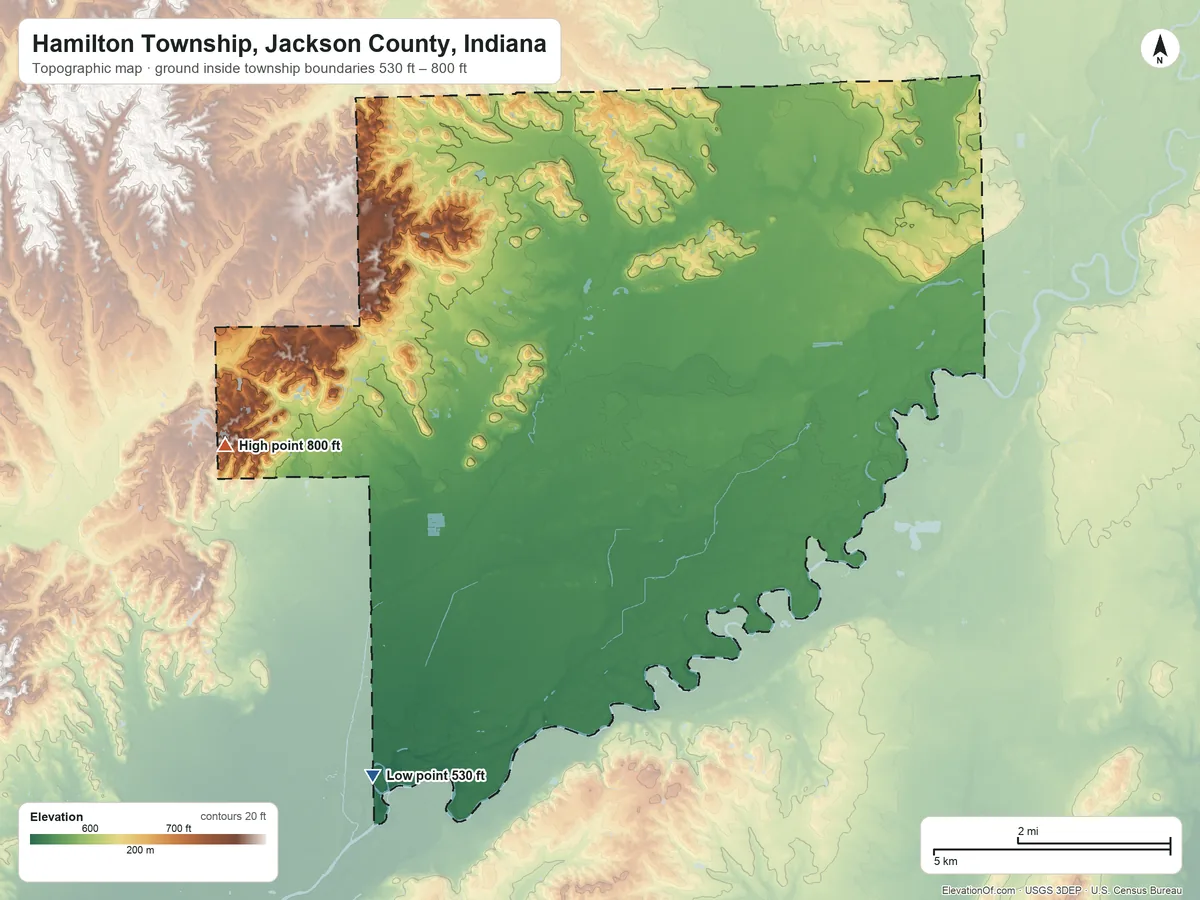 Topographic elevation map of Hamilton Township, Jackson County, Indiana, shaded from 530 ft on the southwest side to 800 ft on the west side