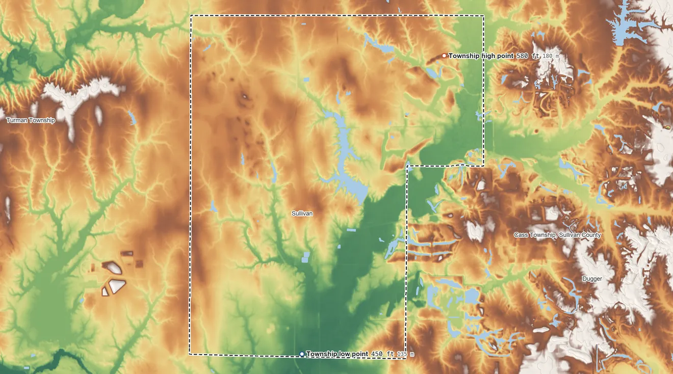 Topographic elevation map of Hamilton Township, Sullivan County, Indiana, shaded from 450 ft on the south side to 580 ft on the northeast side