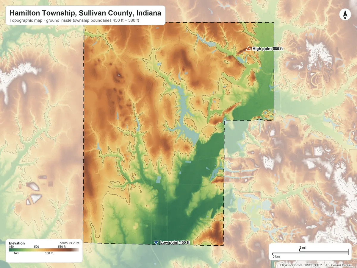 Topographic elevation map of Hamilton Township, Sullivan County, Indiana, shaded from 450 ft on the south side to 580 ft on the northeast side