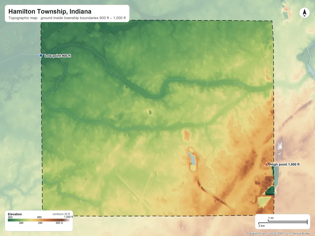 Topographic elevation map of Hamilton Township, Indiana, shaded from 900 ft on the northwest side to 1,000 ft on the east side