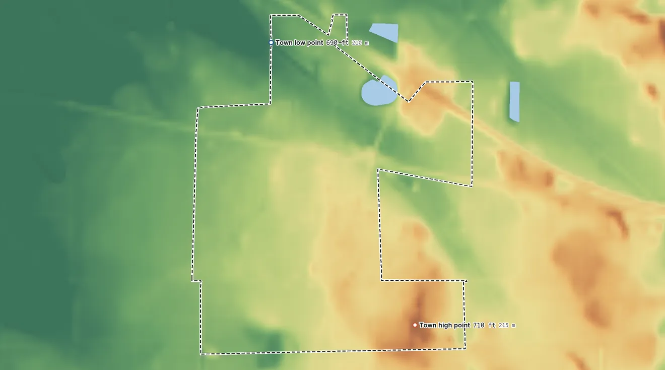 Topographic elevation map of Hamlet, Indiana, shaded from 690 ft on the north side to 710 ft on the southeast side