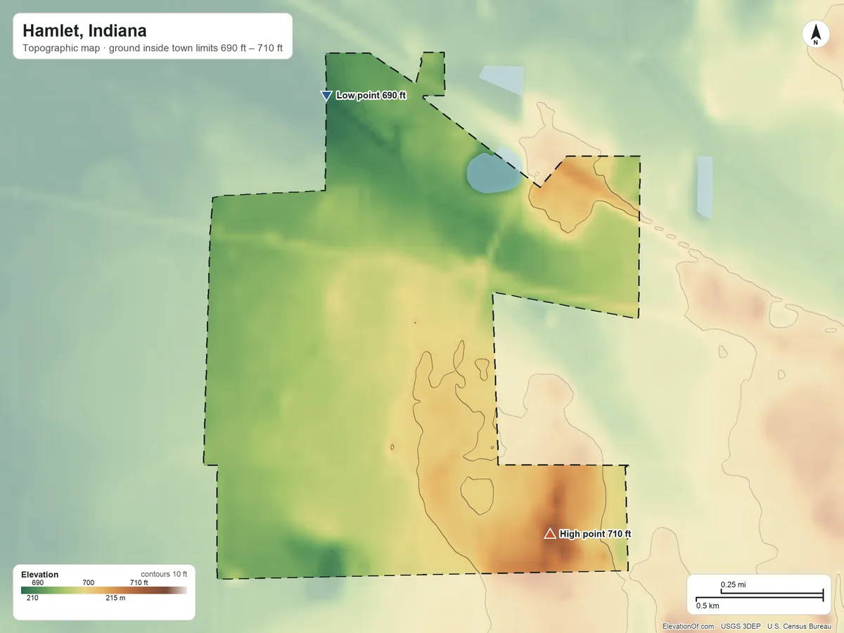 Topographic elevation map of Hamlet, Indiana, shaded from 690 ft on the north side to 710 ft on the southeast side