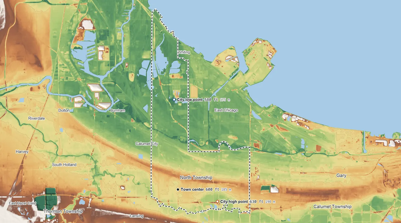 Topographic elevation map of Hammond, Indiana, shaded from 580 ft on the north side to 630 ft on the east side