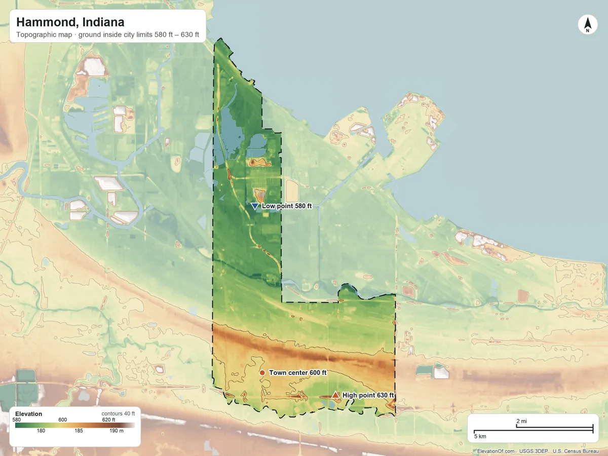 Topographic elevation map of Hammond, Indiana, shaded from 580 ft on the north side to 630 ft on the east side