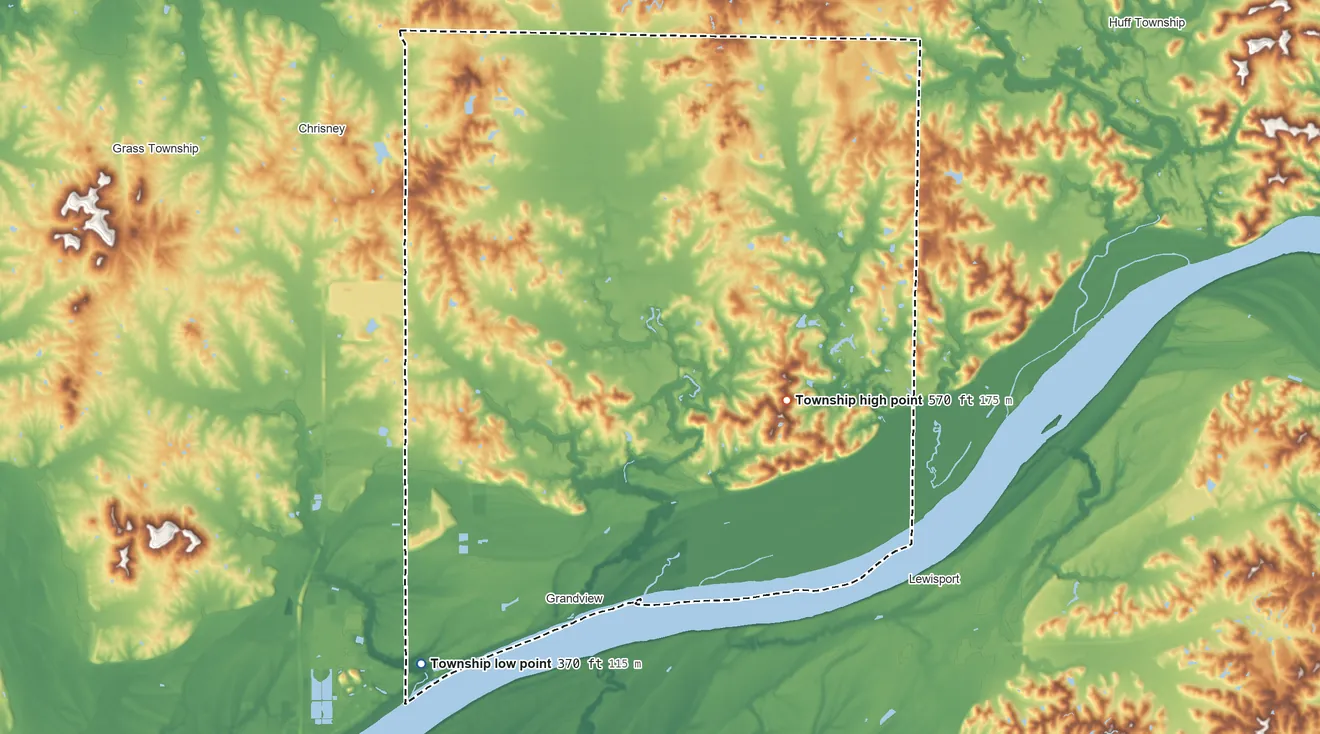 Topographic elevation map of Hammond Township, Indiana, shaded from 370 ft on the southwest side to 570 ft on the east side