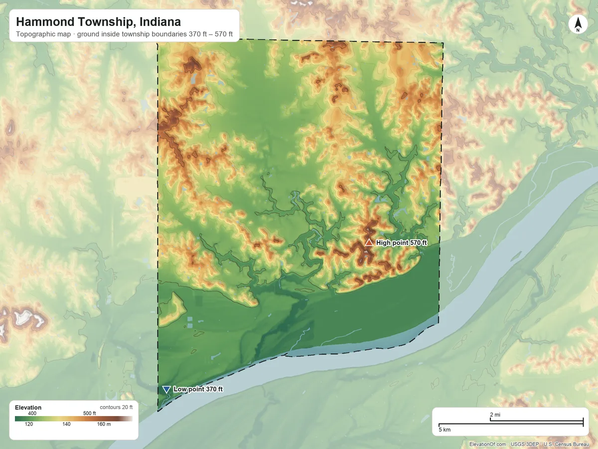 Topographic elevation map of Hammond Township, Indiana, shaded from 370 ft on the southwest side to 570 ft on the east side