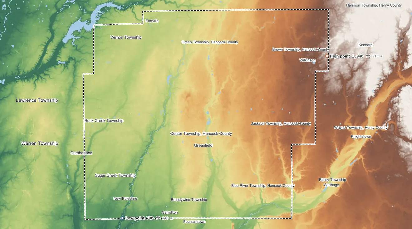Topographic elevation map of Hancock County, Indiana, shaded from 790 ft on the southwest side to 1,040 ft on the northeast side