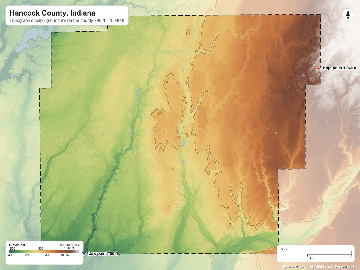 Topographic elevation map of Hancock County, Indiana, shaded from 790 ft on the southwest side to 1,040 ft on the northeast side