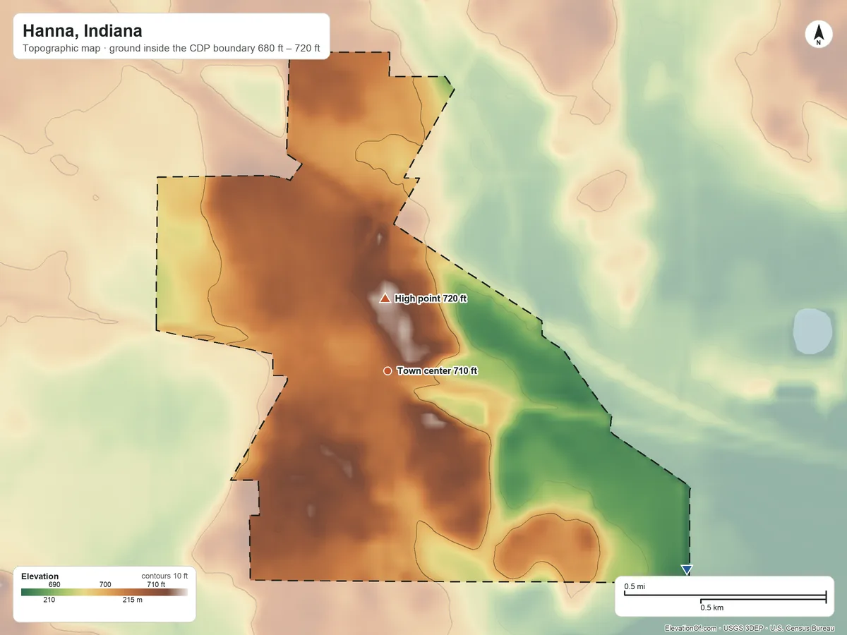 Topographic elevation map of Hanna, Indiana, shaded from 680 ft on the southeast side to 720 ft near the middle