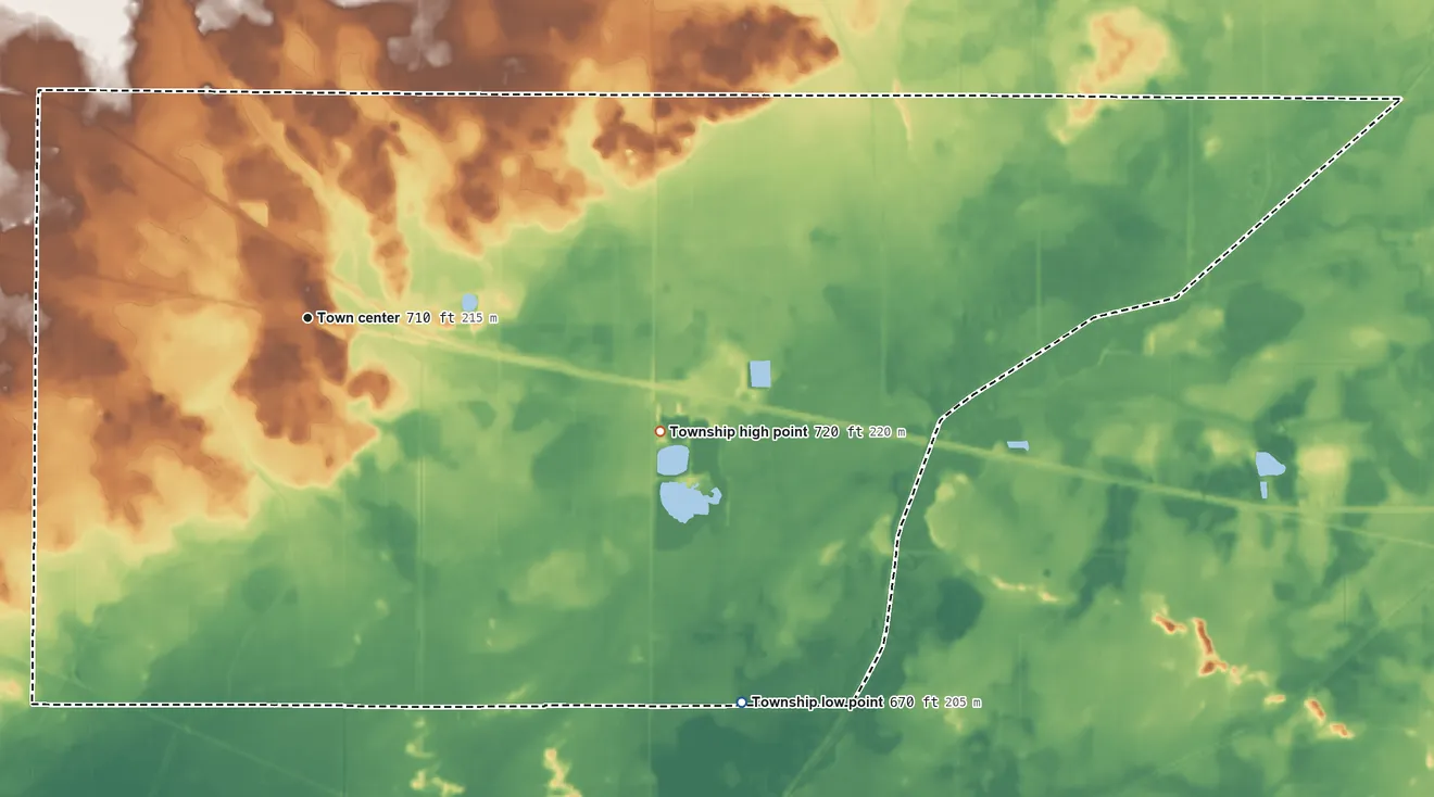 Topographic elevation map of Hanna Township, Indiana, shaded from 670 ft on the southeast side to 720 ft on the east side